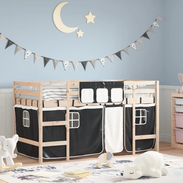 Detská vyvýšená posteľ závesy bielo-čierna 90x190 cm borovica