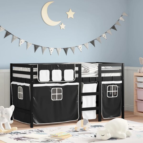 Detská vyvýšená posteľ závesy bielo-čierna 90x190 cm borovica