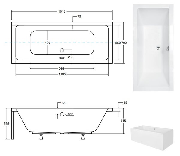 Obdĺžniková akrylátová Vaňa CLASSIC SET 155x70, lesklá biela, MW12QSET15571 + Krycí predný a bočný panel + vaňová zástena 75x130cm + automatický sifón (biely)