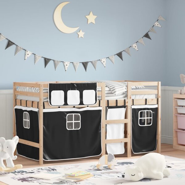 Detská vyvýšená posteľ závesy bielo-čierna 80x200 cm borovica