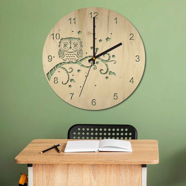 Nástenné hodiny z dreva Sovička | HUHU: Strieborné ručičky Prírodná preglejka - Topoľ natural 30 cm 4167-64555 PR0443 plywood