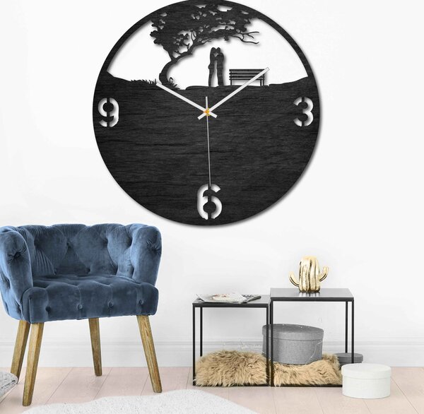 Drevené hodiny na stenu láska v parku | LOVE: Strieborné ručičky Prírodná preglejka - Topoľ natural 30 cm 4173-65035 PR0448