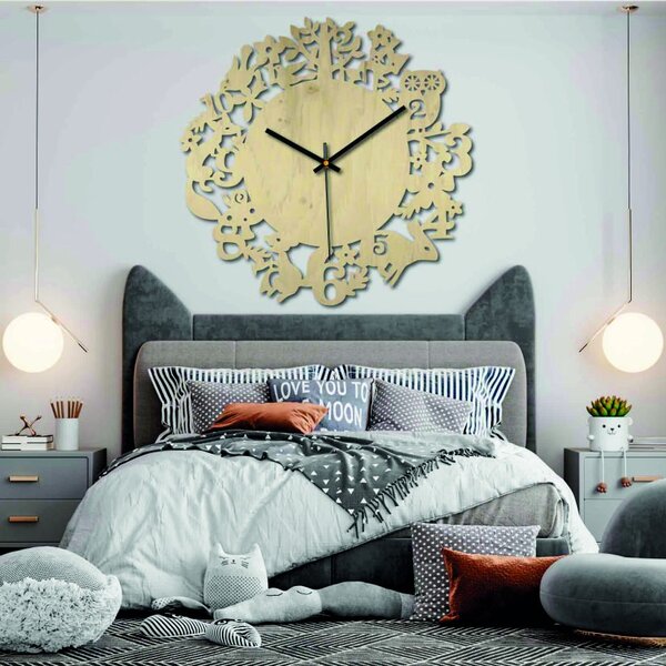 Hodiny z dreva - Lesné zvieratá - Čierne aj farebné | SENTOP PR0451: Strieborné ručičky Prírodná preglejka - Topoľ natural 30 cm 4175-65195 PR0451 plywood