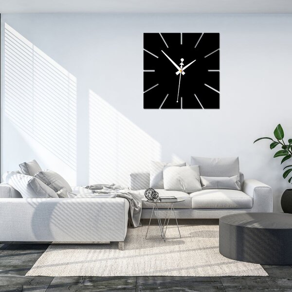 Nástenné hodiny minimalistický štvorcový dizajn - KAVARDI: Zrkadlo SILVER Čierne ručičky 30 cm 4202-105570 X0099