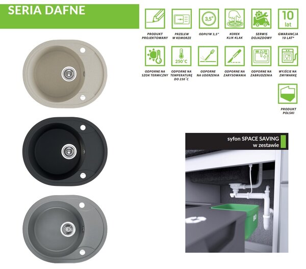 Laveo Dafne, 1-komorový granitový drez 580x470x198 mm, šedá, LAV-SBD_583T