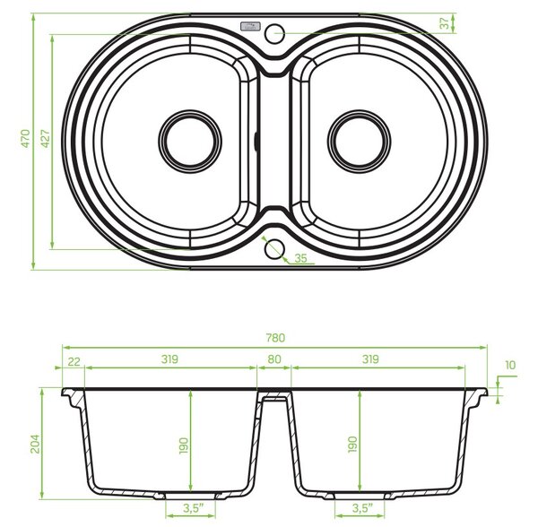 Laveo Dafne, 2-komorový granitový drez 780x470x204 mm, šedá, LAV-SBD_520T