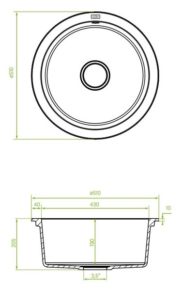 Laveo Dafne, 1-komorový granitový drez 510x510x205 mm, šedá, LAV-SBD_588Y