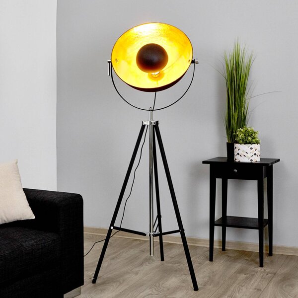 Stojacia lampa Lindby Mineva. čierna/zlatá, kov, výška 180 cm, Čierna, Obývacia izba / jedáleň, kov, Moderný, Trojhran