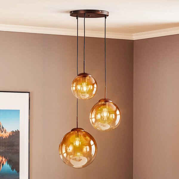 Globo Sklenená závesná lampa Varus jantár 3-pl Ø 51 cm, Hnedá / hrdzavá, Obývacia izba / jedáleň, Sklo, Moderný, Závesné svietidlo