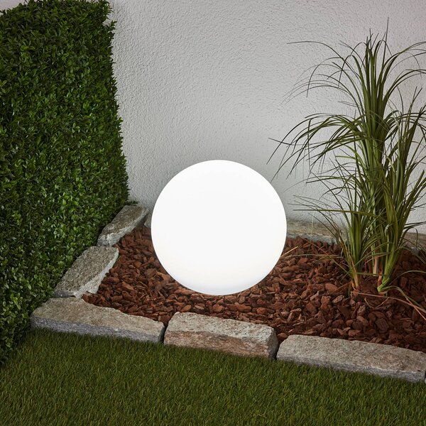Lindby LED solárna lampa Lago, Ø 30 cm, guľa, zemný hrot, biela, Biela / opálová, Plast, Moderný, Solárne svietidlá