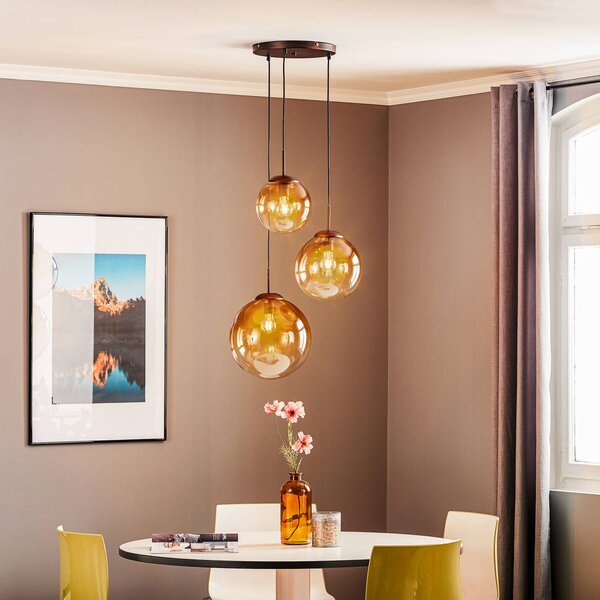 Globo Sklenená závesná lampa Varus jantár 3-pl Ø 51 cm, Hnedá / hrdzavá, Obývacia izba / jedáleň, Sklo, Moderný, Závesné svietidlo