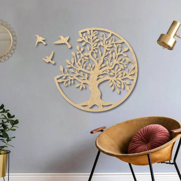 Drevený obraz Strom života s lietajúcimi vtákmi - RANARP: Preglejka - Honey farba 40 cm 4310-78662 PR0504