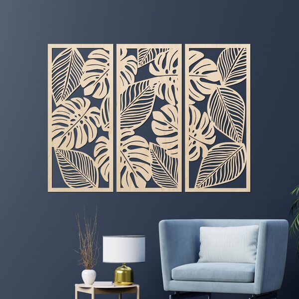 Trojdielny obraz monstera pre milovníkov prírody | PORFOLT: Preglejka Topoľ - bez povrchovej úpravy 60 x 45 cm 4408-85051 PR0523