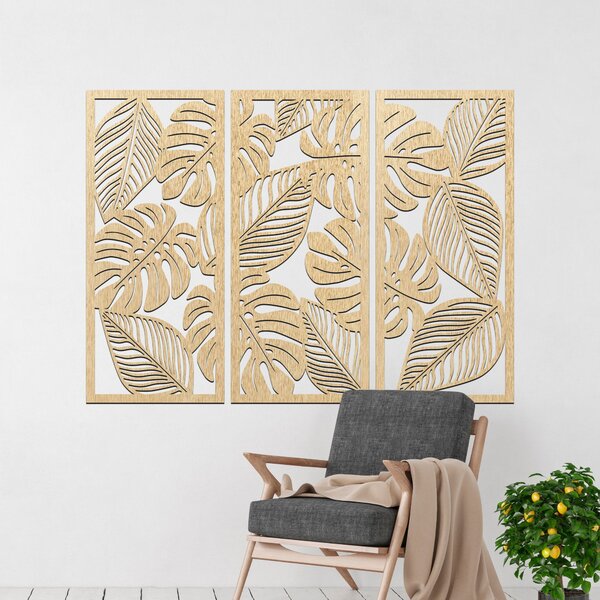Trojdielny obraz monstera pre milovníkov prírody | PORFOLT: Preglejka Topoľ - bez povrchovej úpravy 60 x 45 cm 4408-85051 PR0523