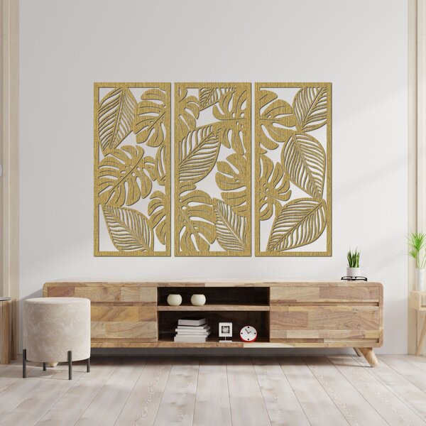 Trojdielny obraz monstera pre milovníkov prírody | PORFOLT: Preglejka Topoľ - bez povrchovej úpravy 60 x 45 cm 4408-85051 PR0523