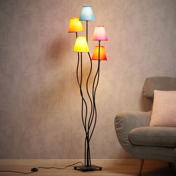 Textilná stojaca lampa Colori 5-plameňová pestrá, Obývacia izba / jedáleň, Textil / látka / hodváb, Štýl mladých, Stojaca lampa