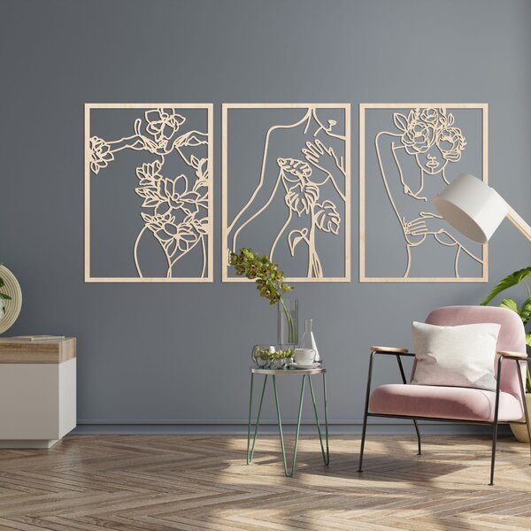 Moderný obraz žien s kvetmi trojdielny set | ELEGANCE: Preglejka Topoľ - Honey 3071 65 x 30 cm 4476-93991 PR0480