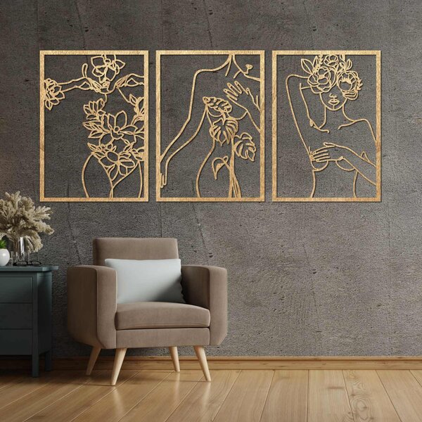 Moderný obraz žien s kvetmi trojdielny set | ELEGANCE: Preglejka Topoľ - Honey 3071 65 x 30 cm 4476-93991 PR0480