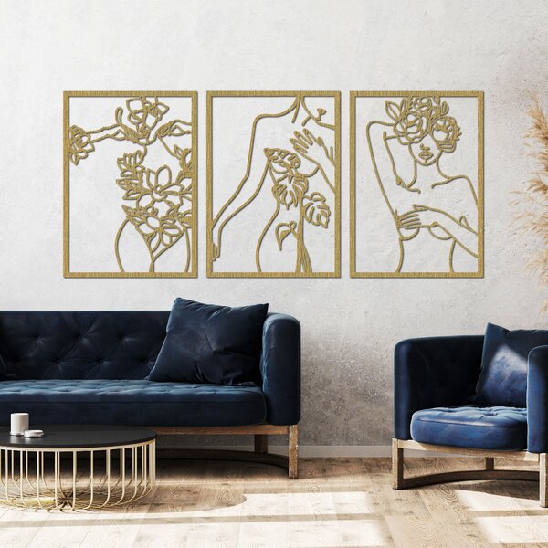 Moderný obraz žien s kvetmi trojdielny set | ELEGANCE: Preglejka Topoľ - Honey 3071 65 x 30 cm 4476-93991 PR0480
