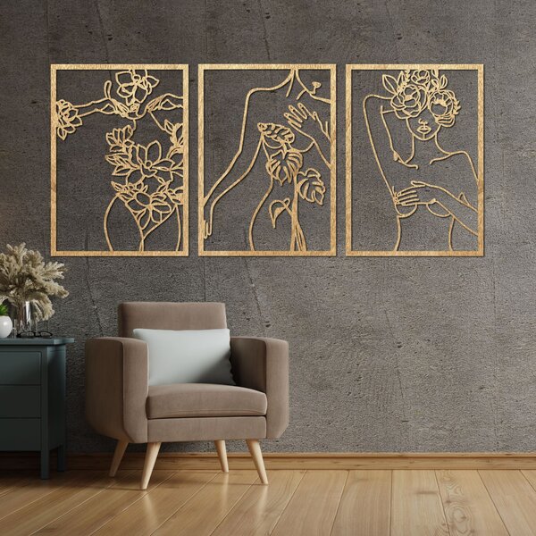 Moderný obraz žien s kvetmi trojdielny set | ELEGANCE: Preglejka Topoľ - Honey 3071 65 x 30 cm 4476-93991 PR0480