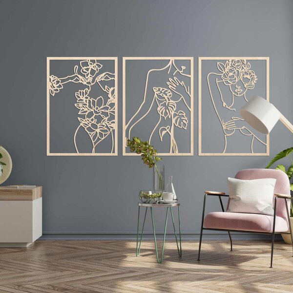 Moderný obraz žien s kvetmi trojdielny set | ELEGANCE: Preglejka Topoľ - Honey 3071 65 x 30 cm 4476-93991 PR0480