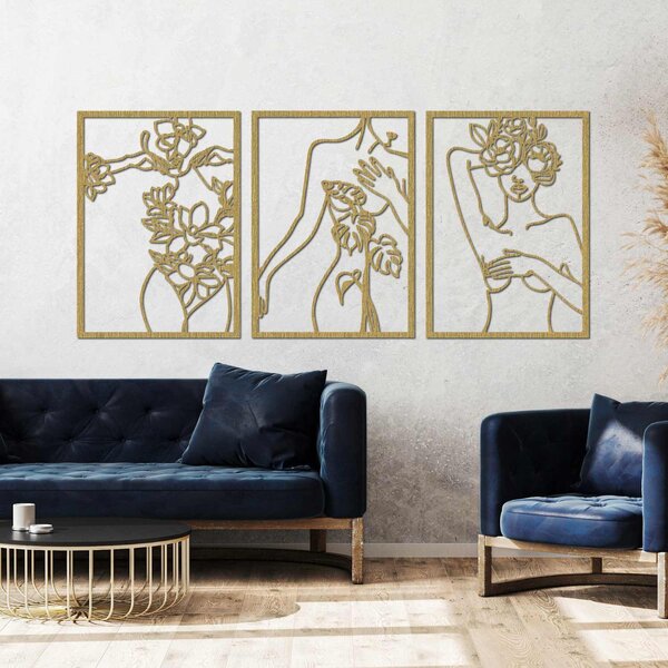 Moderný obraz žien s kvetmi trojdielny set | ELEGANCE: Preglejka Topoľ - Honey 3071 65 x 30 cm 4476-93991 PR0480