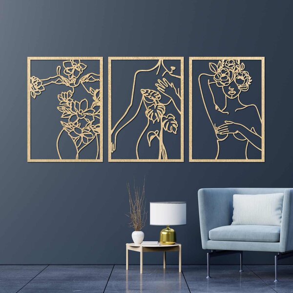 Moderný obraz žien s kvetmi trojdielny set | ELEGANCE: Preglejka Topoľ - Honey 3071 65 x 30 cm 4476-93991 PR0480