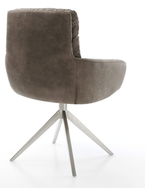 DELIFE Otočná jedálenská stolička Abelia-Flex s opierkami mikrovlákno taupe vintage krížová podstava široká nerezová oceľ 360° otočná hojdacia funkcia