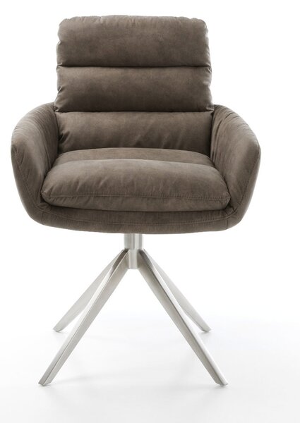 DELIFE Otočná jedálenská stolička Abelia-Flex s opierkami mikrovlákno taupe vintage krížová podstava široká nerezová oceľ 360° otočná hojdacia funkcia