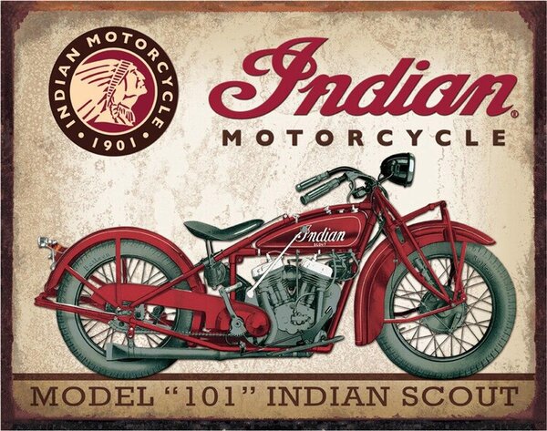 Plechová ceduľa INDIAN MOTORCYCLES - Scout Model 110, (40 x 31.5 cm)