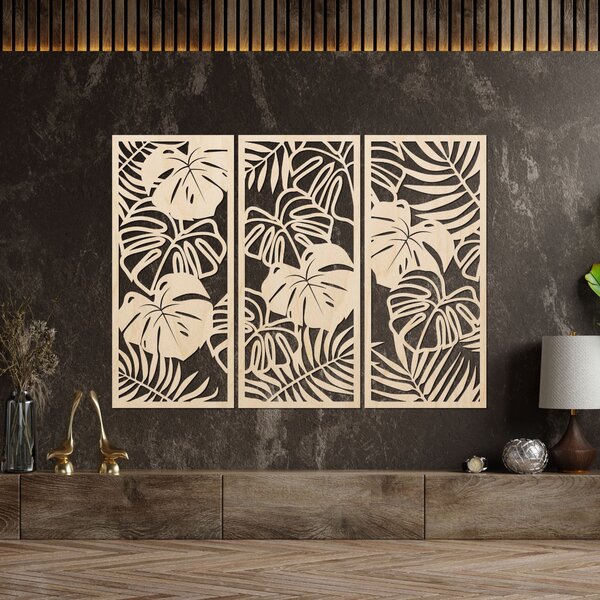 Trojdielny obraz na stenu s listom monstera | TROPICI: Preglejka Topoľ - Honey 3071 60 x 45 cm 4490-95690 PR0533