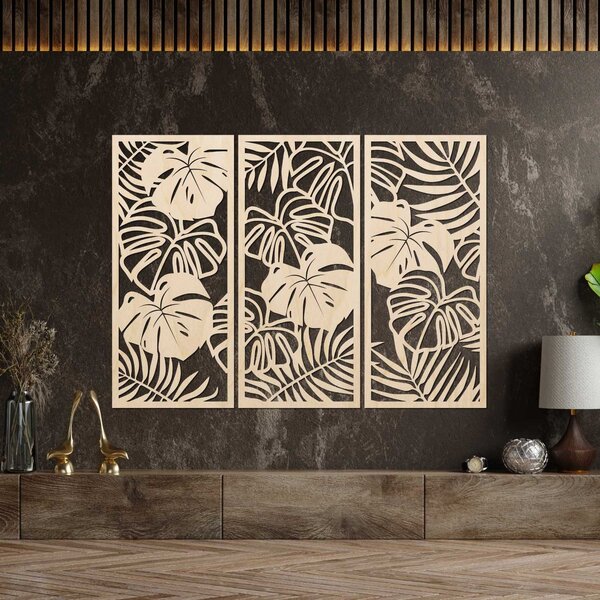 Trojdielny obraz na stenu s listom monstera | TROPICI: Preglejka Topoľ - Honey 3071 60 x 45 cm 4490-95690 PR0533