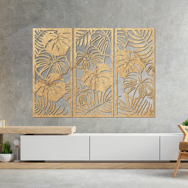 Trojdielny obraz na stenu s listom monstera | TROPICI: Preglejka Topoľ - Honey 3071 60 x 45 cm 4490-95690 PR0533