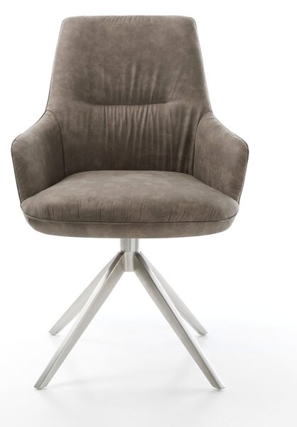 DELIFE Otočná jedálenská stolička Zelia-Flex s opierkami mikrovlákno taupe vintage krížová podstava široká nerezová oceľ 360° otočná hojdacia funkcia vrecková pružina