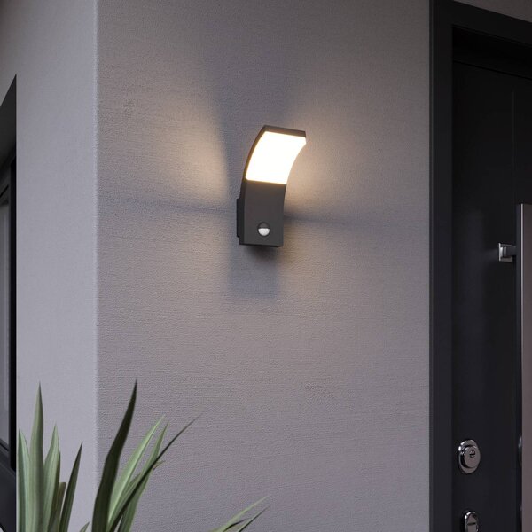 Lucande LED nástenné svetlo Timm, senzor, 20 cm, antracit, IP54, Čierna, Hliník, Moderný, Nástenné svietidlo