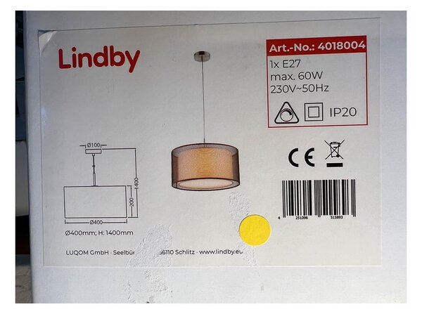 Lindby Lindby - Luster na lanku NICA 1xE27/60W/230V LW1265 + záruka 3 roky zadarmo