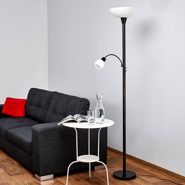 Stojacia lampa Lindby Elaina, svetlo na čítanie, hrdzavá farba, 180 cm, E27, Hnedá / hrdzavá, Obývacia izba / jedáleň, kov, Moderný, Zemné bodové svetlo