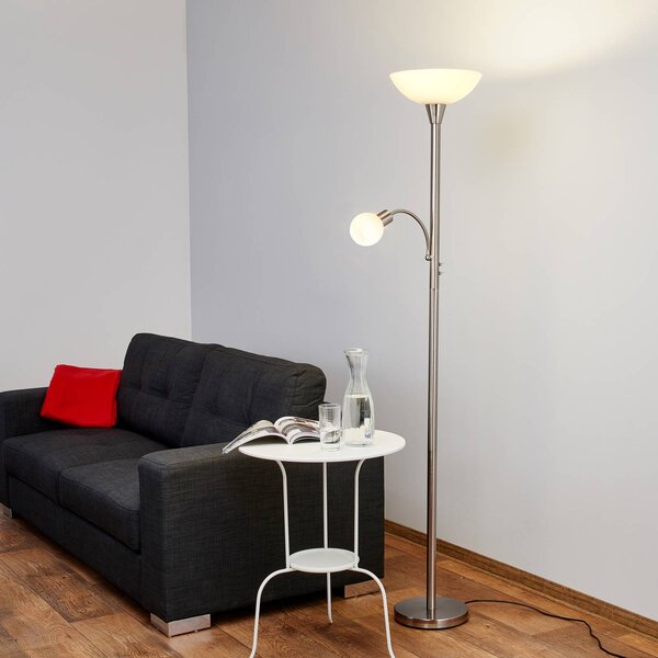 Lindby Stojacia lampa Elaina, na citanie, niklová farba, 180 cm, E27, Hliník / sivá / zinok, Obývacia izba / jedáleň, kov, Moderný, Zemné bodové svetlo