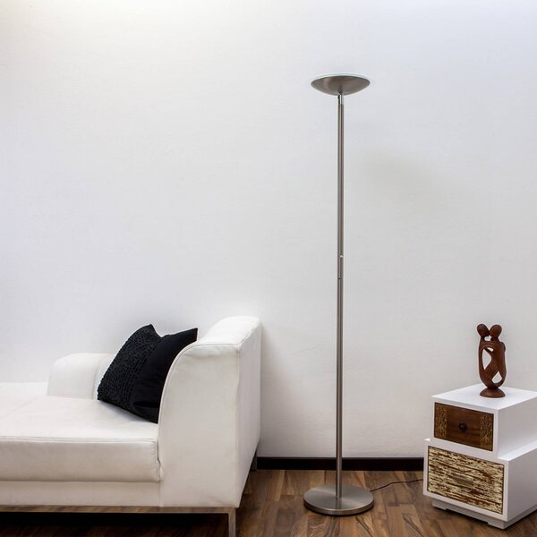 LED stojacia lampa Lindby Malea, v niklovom odtieni, stmievateľná, 180 cm, Hliník / sivá / zinok, Obývacia izba / jedáleň, kov, Moderný, Zemné bodové svetlo
