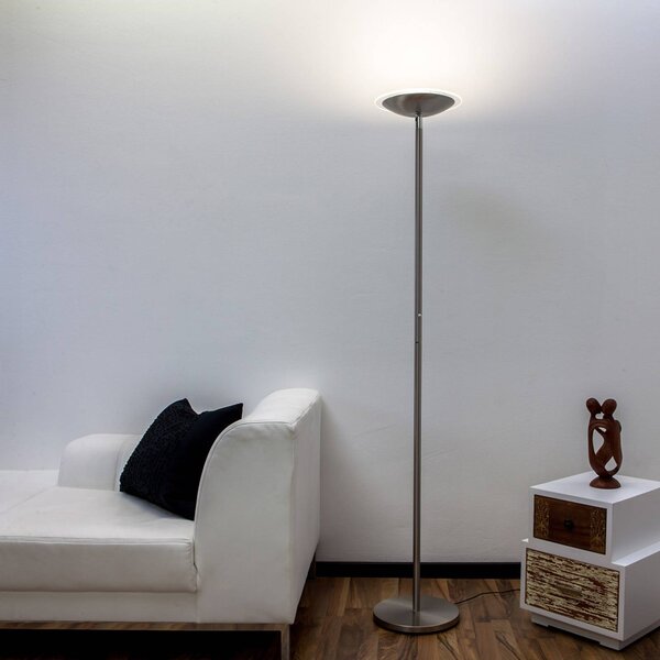 LED stojacia lampa Lindby Malea, v niklovom odtieni, stmievateľná, 180 cm, Hliník / sivá / zinok, Obývacia izba / jedáleň, kov, Moderný, Zemné bodové svetlo