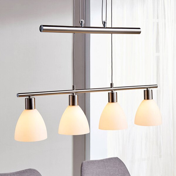 Závesná lampa Lindby Simeon, niklová farba, sklo, 73 cm, E14, Hliník / sivá / zinok, Obývacia izba / jedáleň, Sklo, Moderný, Závesné svietidlo