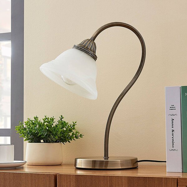 Lindby Stolná lampa Mialina, 42 cm, biela, sklo, kov, Hnedá / staromosadz, Obývacia izba / jedáleň, Sklo, Stojacie svietidlo