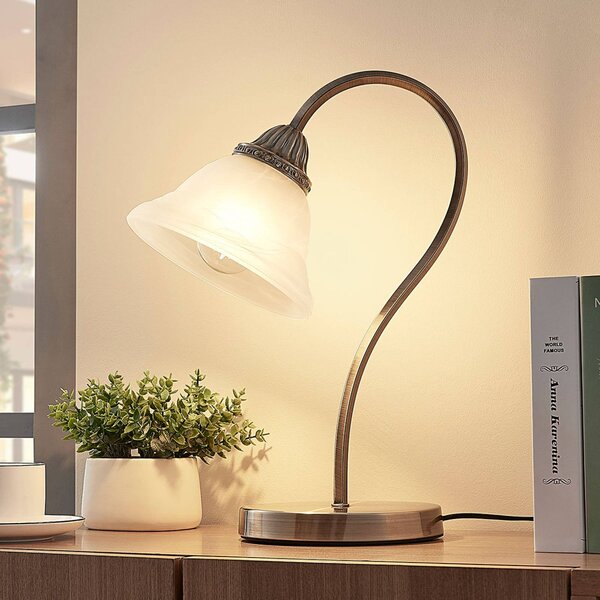 Lindby Stolná lampa Mialina, 42 cm, biela, sklo, kov, Hnedá / staromosadz, Obývacia izba / jedáleň, Sklo, Stojacie svietidlo