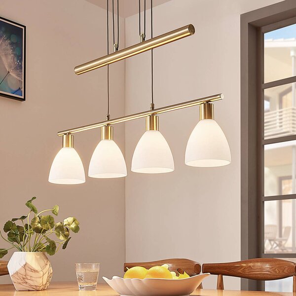 Závesná lampa Lindby Simeon, mosadzná farba, sklo, 73 cm, E14, Mosadz / zlato, Obývacia izba / jedáleň, Sklo, Moderný, Závesné svietidlo