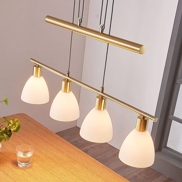 Závesná lampa Lindby Simeon, mosadzná farba, sklo, 73 cm, E14, Mosadz / zlato, Obývacia izba / jedáleň, Sklo, Moderný, Závesné svietidlo