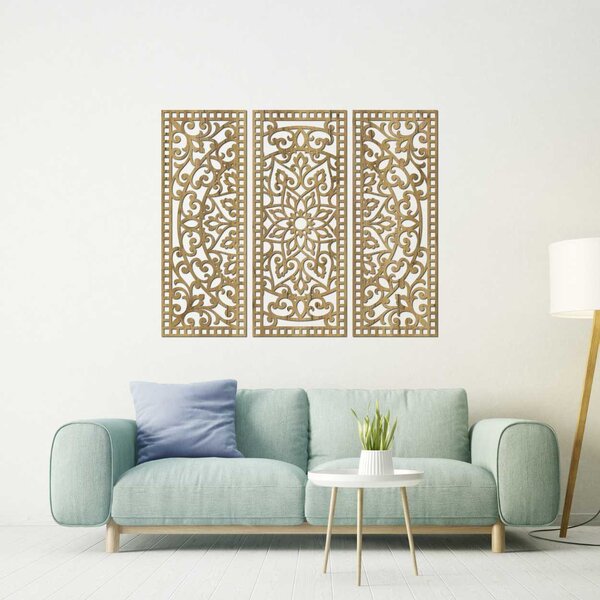 Kvetinová mandala z dreva – boho 3‑dielny obraz | TRIPTICH: HDF - Javor 40 x 30 cm 4670-110257 HDF0514-A-akcia20