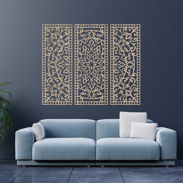 Kvetinová mandala z dreva – boho 3‑dielny obraz | TRIPTICH: HDF - Javor 40 x 30 cm 4670-110257 HDF0514-A-akcia20
