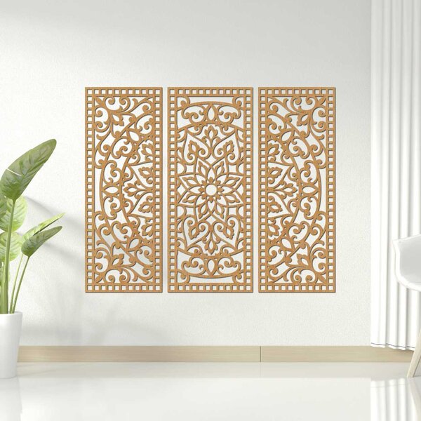 Kvetinová mandala z dreva – boho 3‑dielny obraz | TRIPTICH: HDF - Javor 40 x 30 cm 4670-110257 HDF0514-A-akcia20