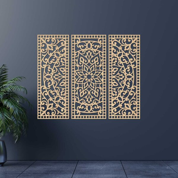 Kvetinová mandala z dreva – boho 3‑dielny obraz | TRIPTICH: HDF - Javor 40 x 30 cm 4670-110257 HDF0514-A-akcia20