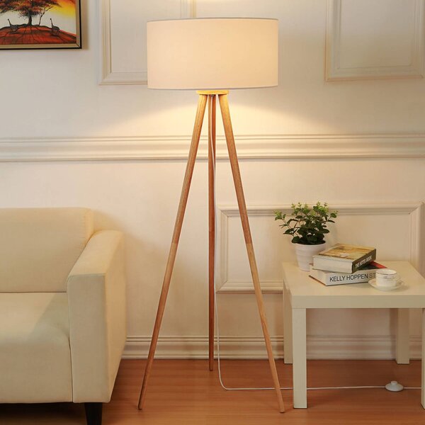 Stojacia lampa Lindby Charlia, biela, drevo, výška 150 cm